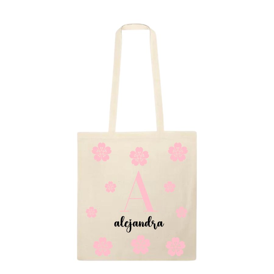 Tote bag de algodón beige personalizada con inicial y nombre y diseño de flores de Sakura