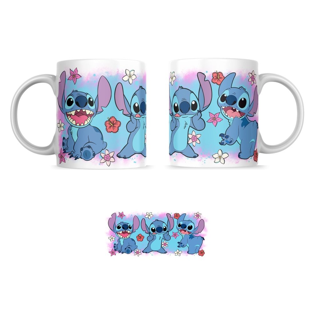 Taza de cerámica de la colección Stitch personalizada con ilustración de Stitch riendo sobre fondo azul