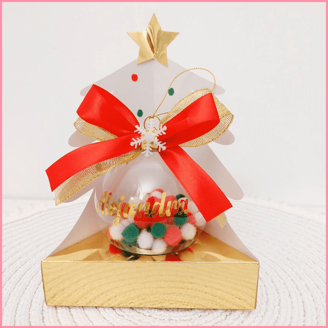 Bola de Navidad transparente con bolitas de colores y nombre personalizado