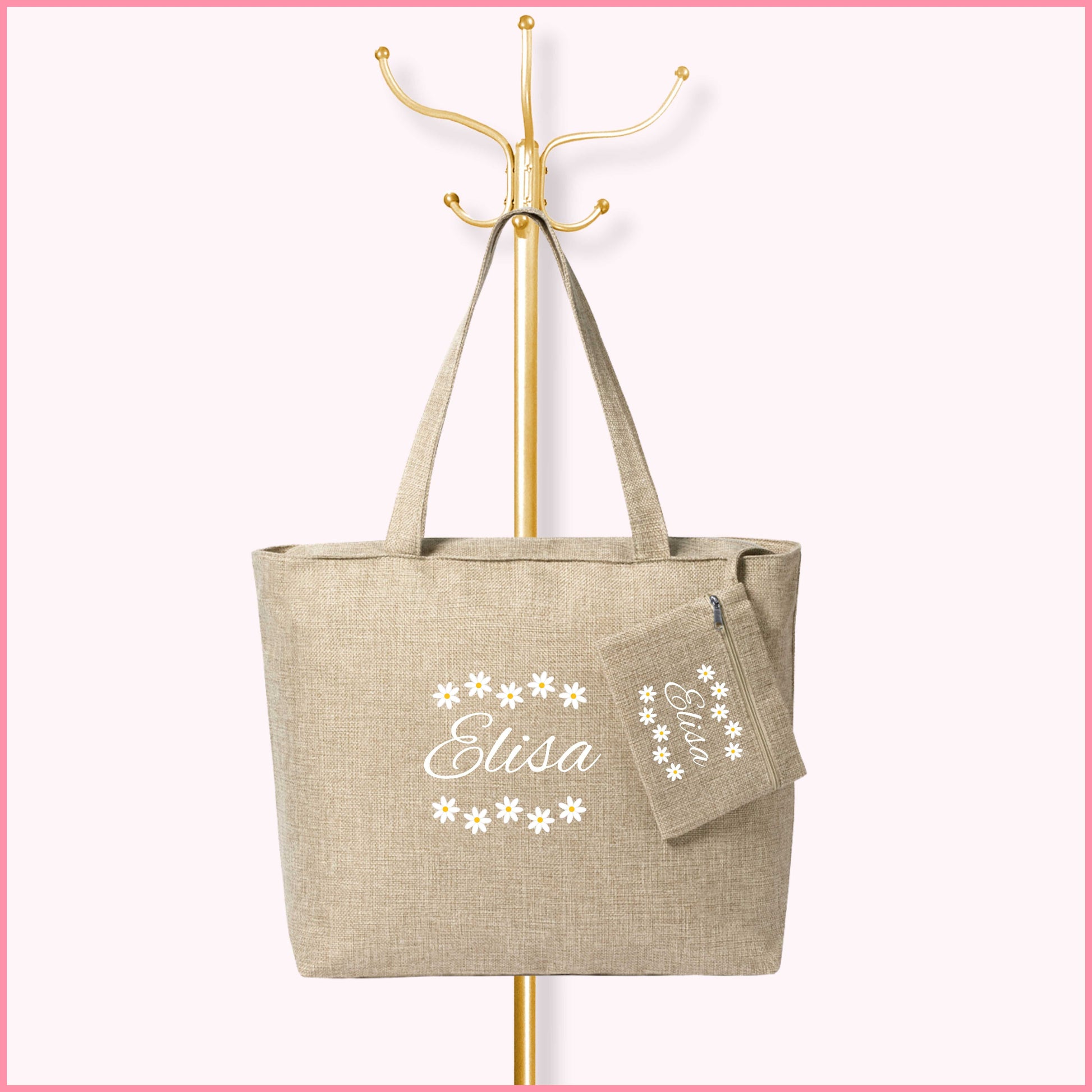 Bolsa de tela elegante con neceser personalizada con una imagen de margaritas y nombre entre ellas