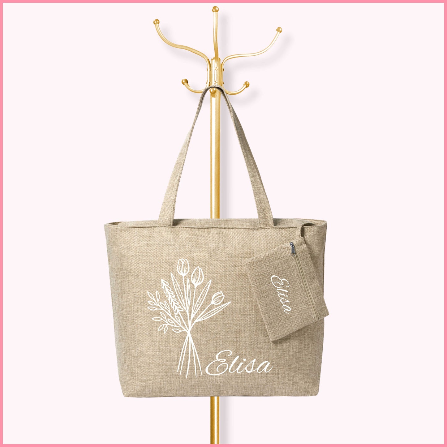 Bolsa de tela elegante con neceser personalizada con una imagen de un ramo de flores y nombre