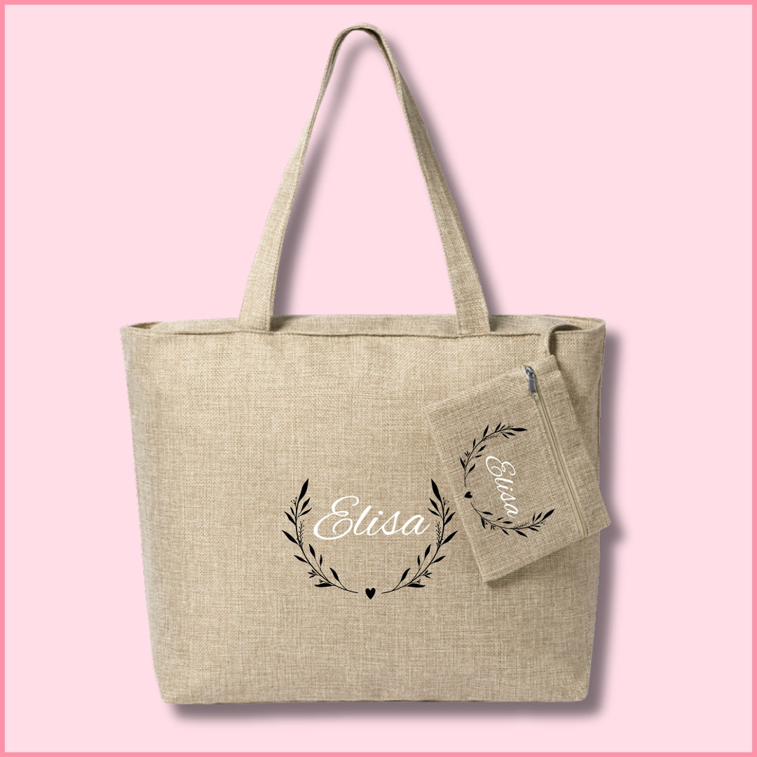 Bolsa de tela personalizada con nombre y diseño de semi corona floral