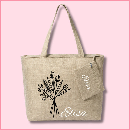 Bolsa de tela con nombre personalizado y diseño de ramo de flores estilo novia