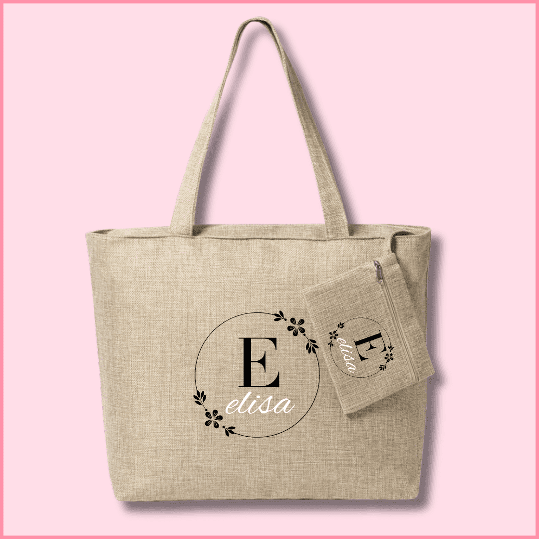 Bolsa de tela elegante con neceser personalizada con una imagen de una corona sencilla de flores y nombre e inicial