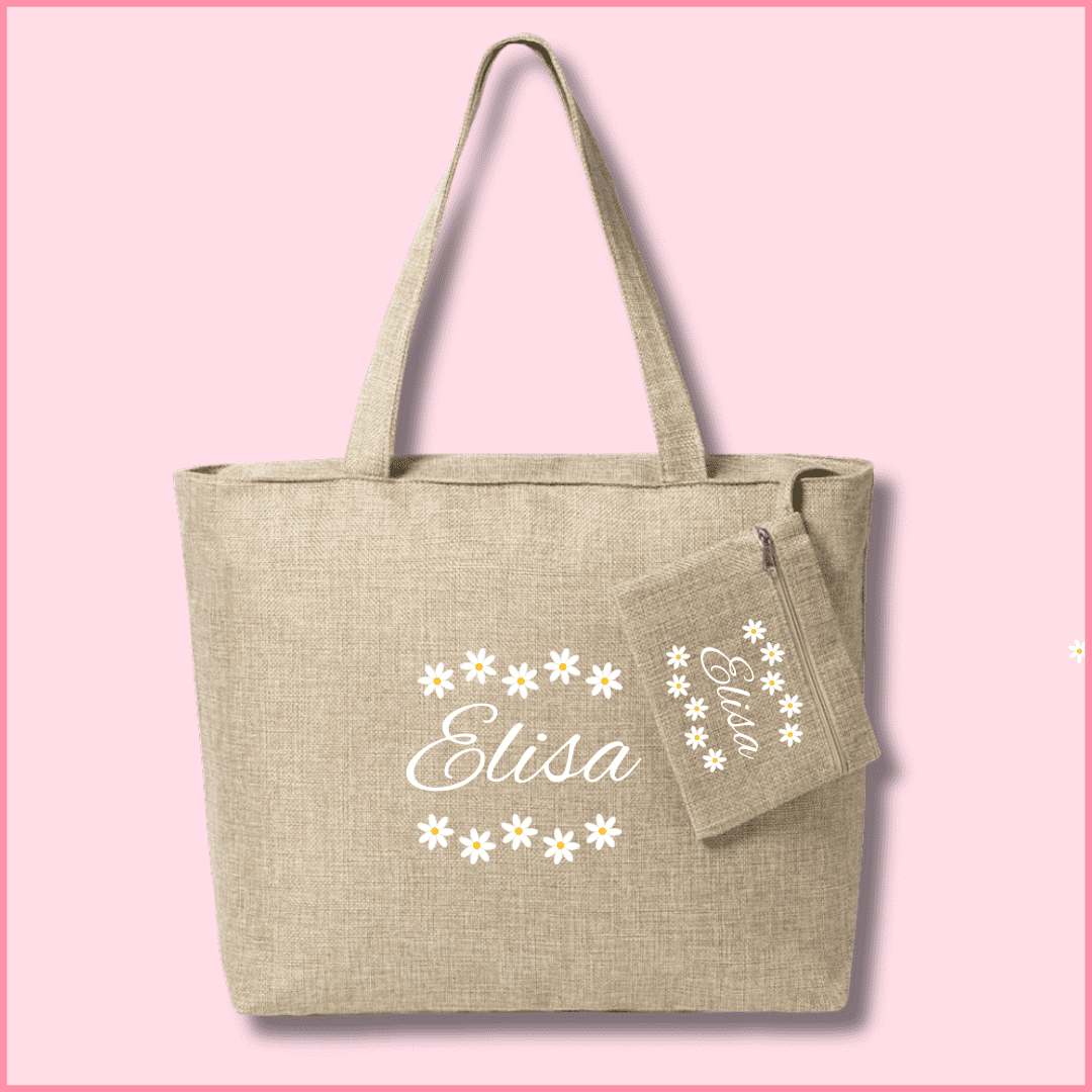 Bolsa de tela elegante con neceser personalizada con una imagen de margaritas y nombre entre ellas