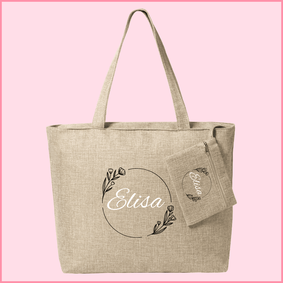 Bolsa de tela elegante con neceser personalizada con una imagen de una corona de dos flores y nombre