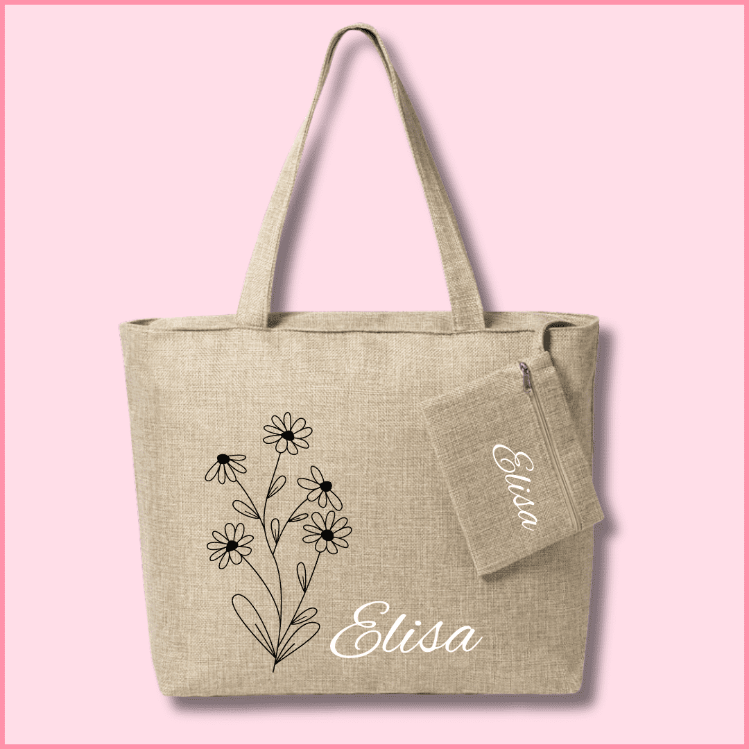 Bolsa de tela elegante con neceser personalizada con una imagen de margaritas y nombre