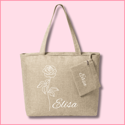 Bolsa de tela elegante con neceser personalizada con una imagen de una rosa y nombre