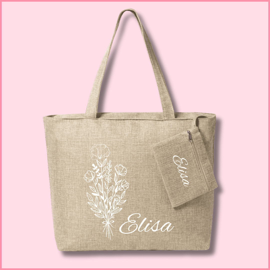 Bolsa de tela elegante con neceser personalizada con una imagen de un ramo de flores de novia y nombre