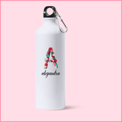 Botella de aluminio blanca con tapón y arnés, personalizada con diseño de flores rosas y rojas y nombre.