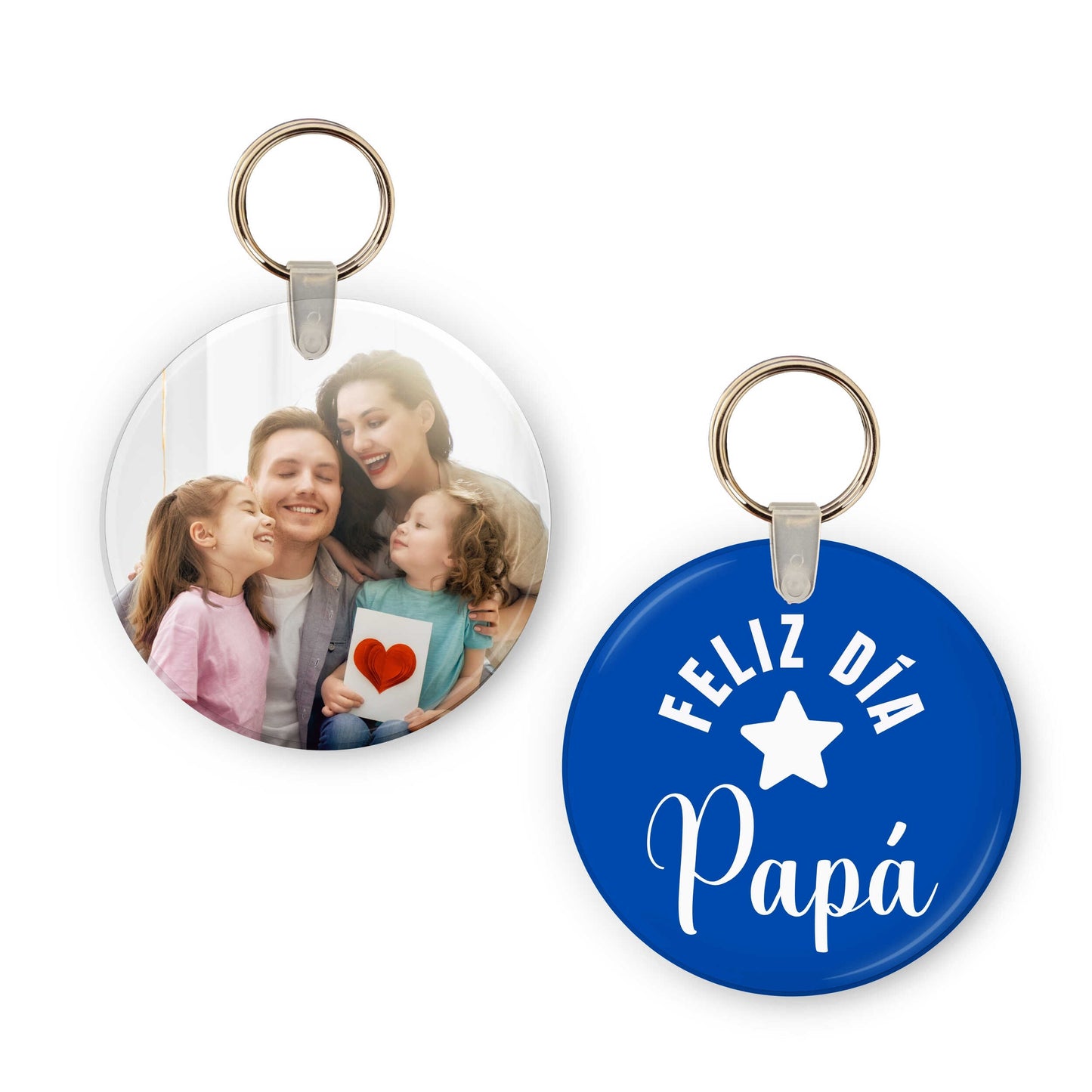 Llavero personalizado para el día del padre con foto personalizada en una cara y texto personalizado en la otra cara