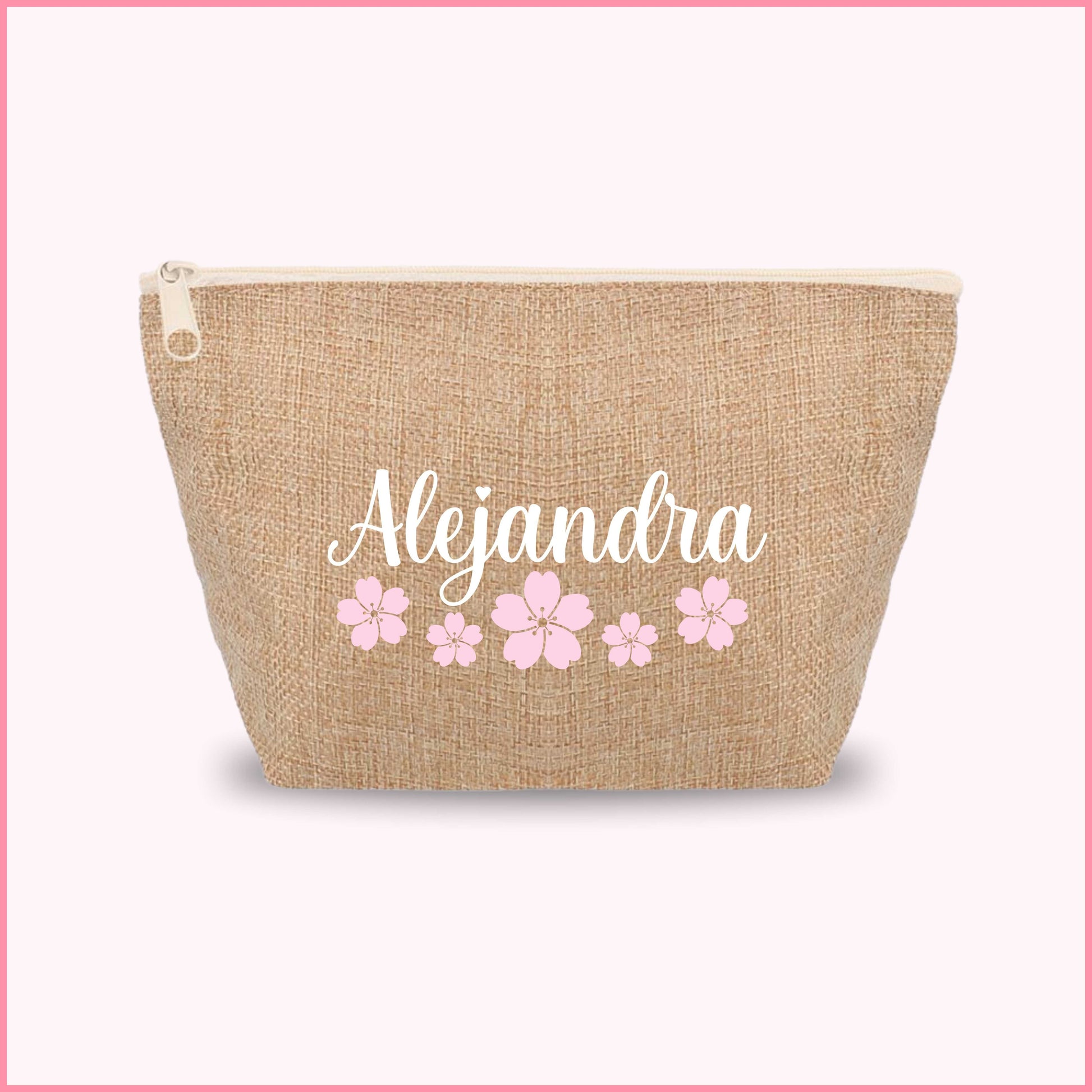 Neceser personalizado simil yute con nombre y diseño de flores sakura