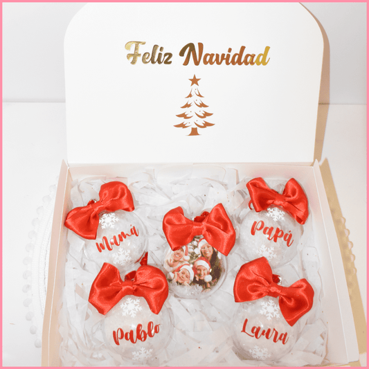 Pack de bolas de Navidad personalizadas con nieve artificial y caja personalizada