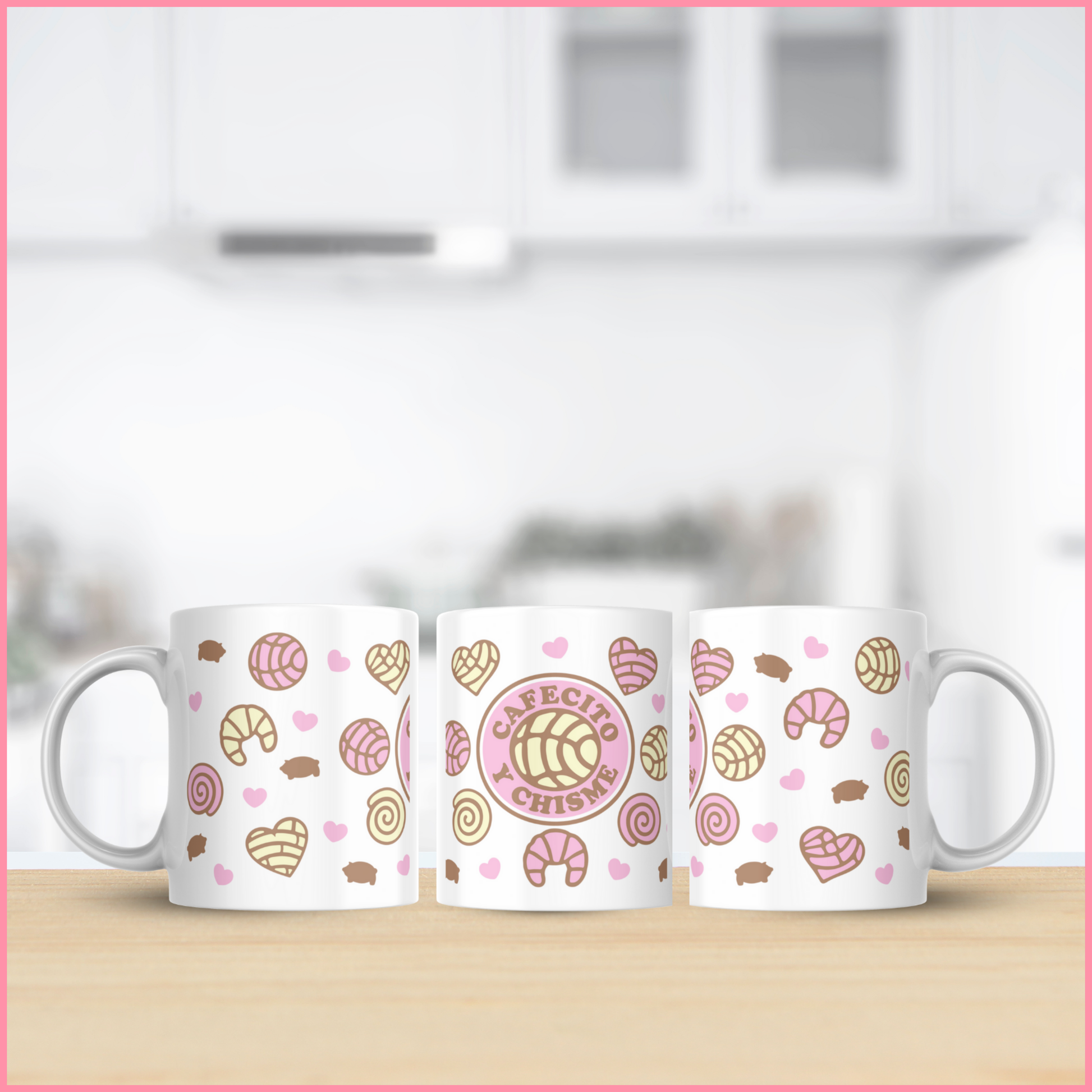 Tazas de la colección Cafecito y Chisme con diseños minimalistas en tono pastel