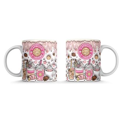 Taza de cerámica de la colección cafecito y chisme con motivos de pastelería como batidos y galletas en rosa y blanco