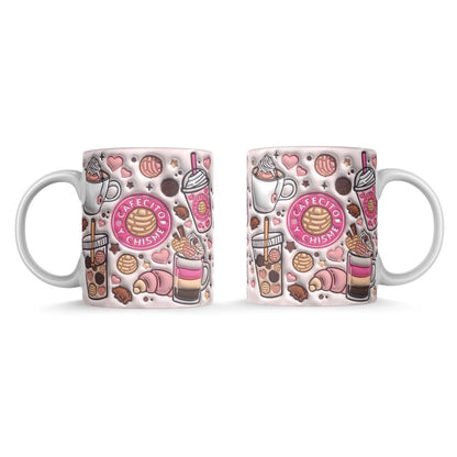 Taza de cerámica de la colección cafecito y chisme con motivos de pastelería como batidos y galletas en blanco y rosa