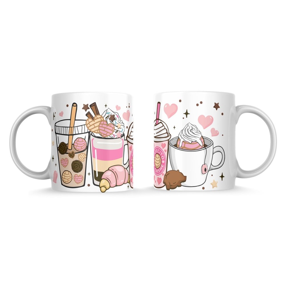 Taza de cerámica de la colección cafecito y chisme con motivos de pastelería como batidos y galletas en blanco y rosa