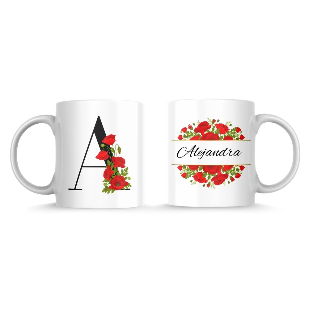 Taza de cerámica personalizada a doble cara con inicial en negro y amapolas rojas por un lado y nombre en negro sobre amapolas rojas por el otro