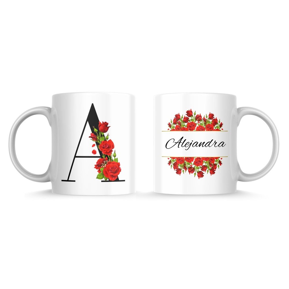 Taza de cerámica personalizada a doble cara con inicial en negro y flores rojas por un lado y nombre en negro sobre flores rojas por el otro