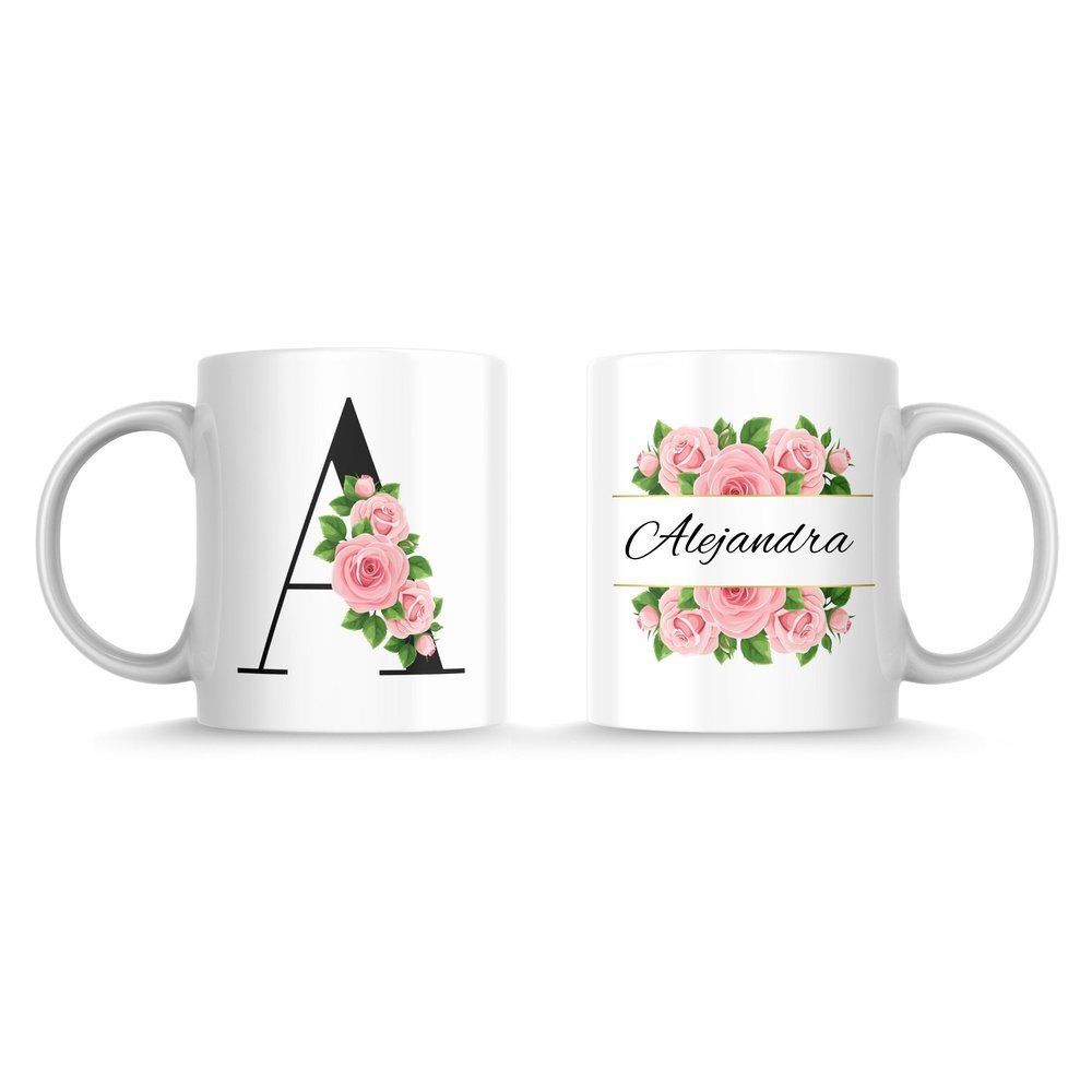 Taza de cerámica personalizada a doble cara con inicial en negro y flores rosas por un lado y nombre en negro sobre flores rosas en el otro