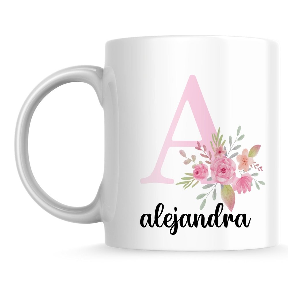 Taza de cerámica personalizada con inicial rosa nombre negro y flores rosas pastel