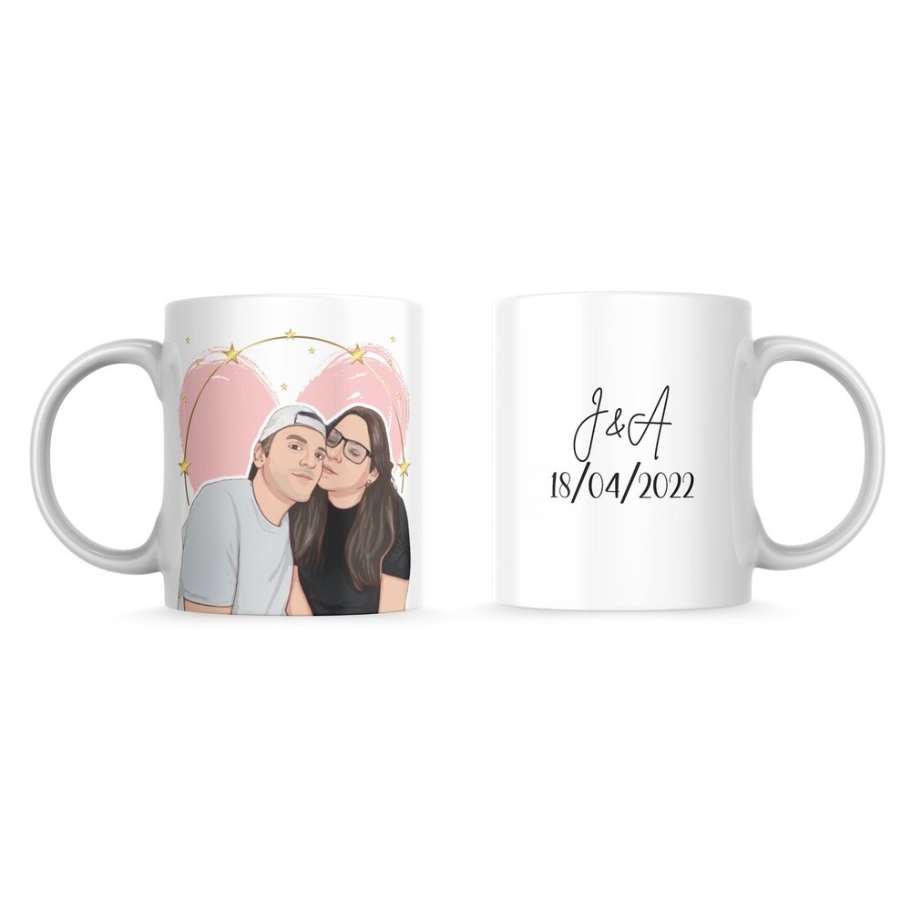 Taza de cerámica personalizada con una ilustración de una fotografía y una fecha o mensaje especial