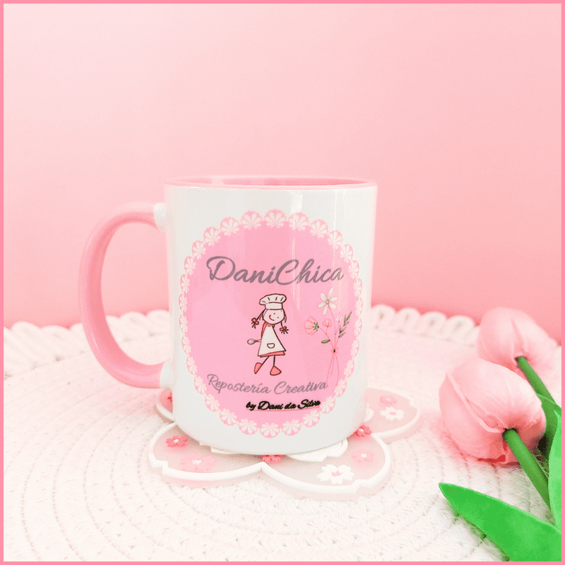 Taza con asa rosa personalizada con logo de empresa