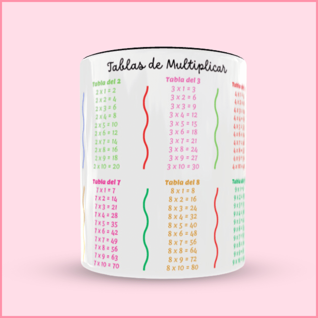 Taza con asa e interior negro personalizado con el nombre y tablas de multiplicar