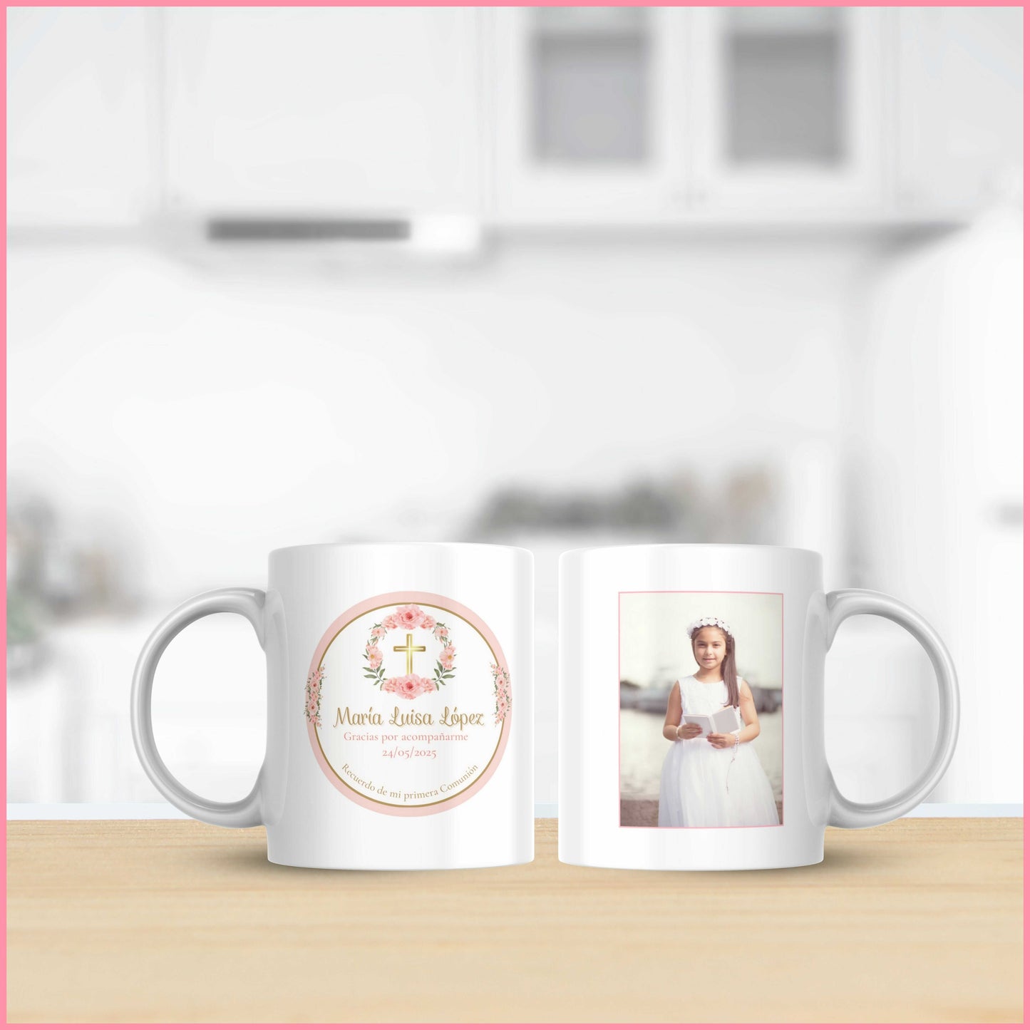 Taza personalizada para la colección de la Primera Comunión con una fotografía a elegir  y un nombre y fecha elegida acompañados con elegantes diseños florales