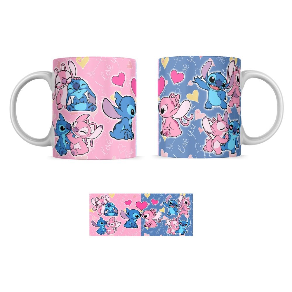 Taza de cerámica de la colección Stitch personalizada con ilustración de Stitch enamorado sobre fondo azul y rosa