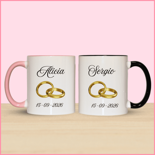 Tazas de cerámica personalizadas con diseño de alianzas de boda, ideales para la pareja de novios