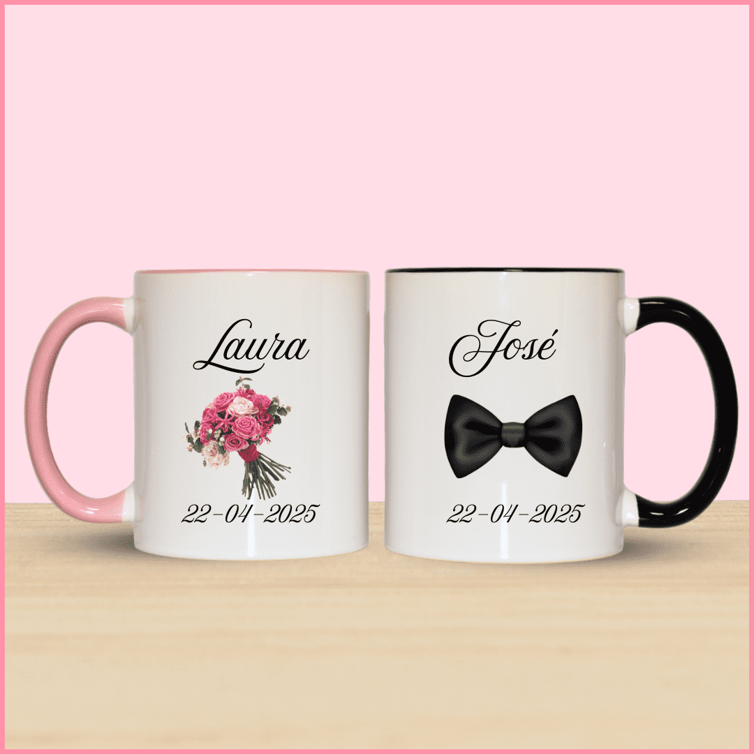 Tazas de cerámica personalizadas con un ramo de flores y una pajarita, ideales para la pareja de novios