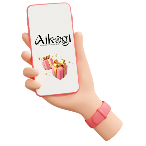 Imagen descriptiva de una mano sujetando un teléfono móvil con la imagen del logo de la tienda Aikogi en la pantalla