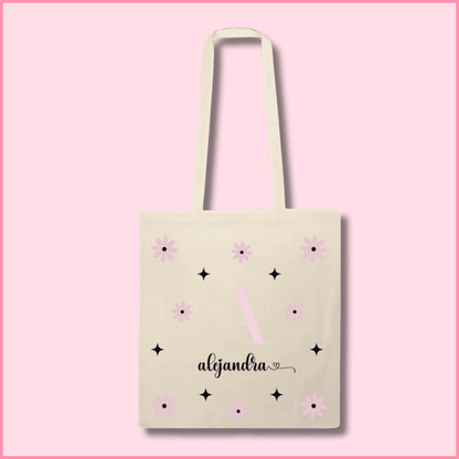 Tote bag de algodón beige personalizada con la inicial y el nombre y margaritas rosas