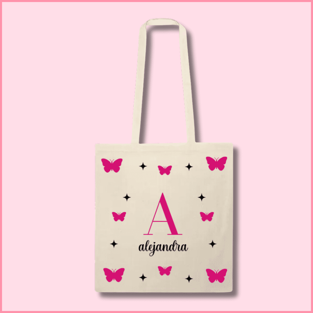 Tote bag de algodón beige personalizada con la inicial y el nombre y mariposas rosas