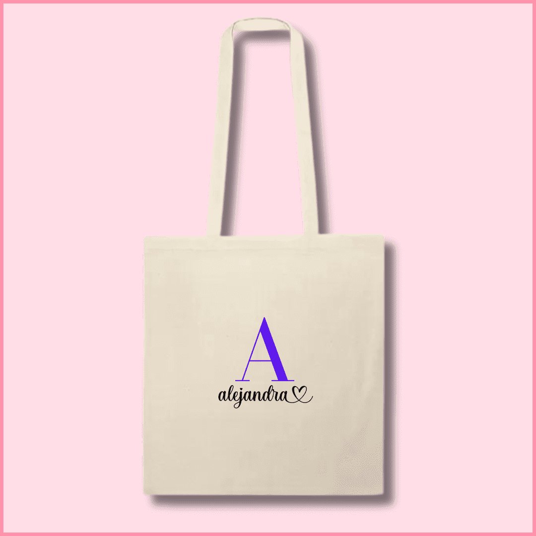 Tote bag de algodón beige personalizada con la inicial y el nombre