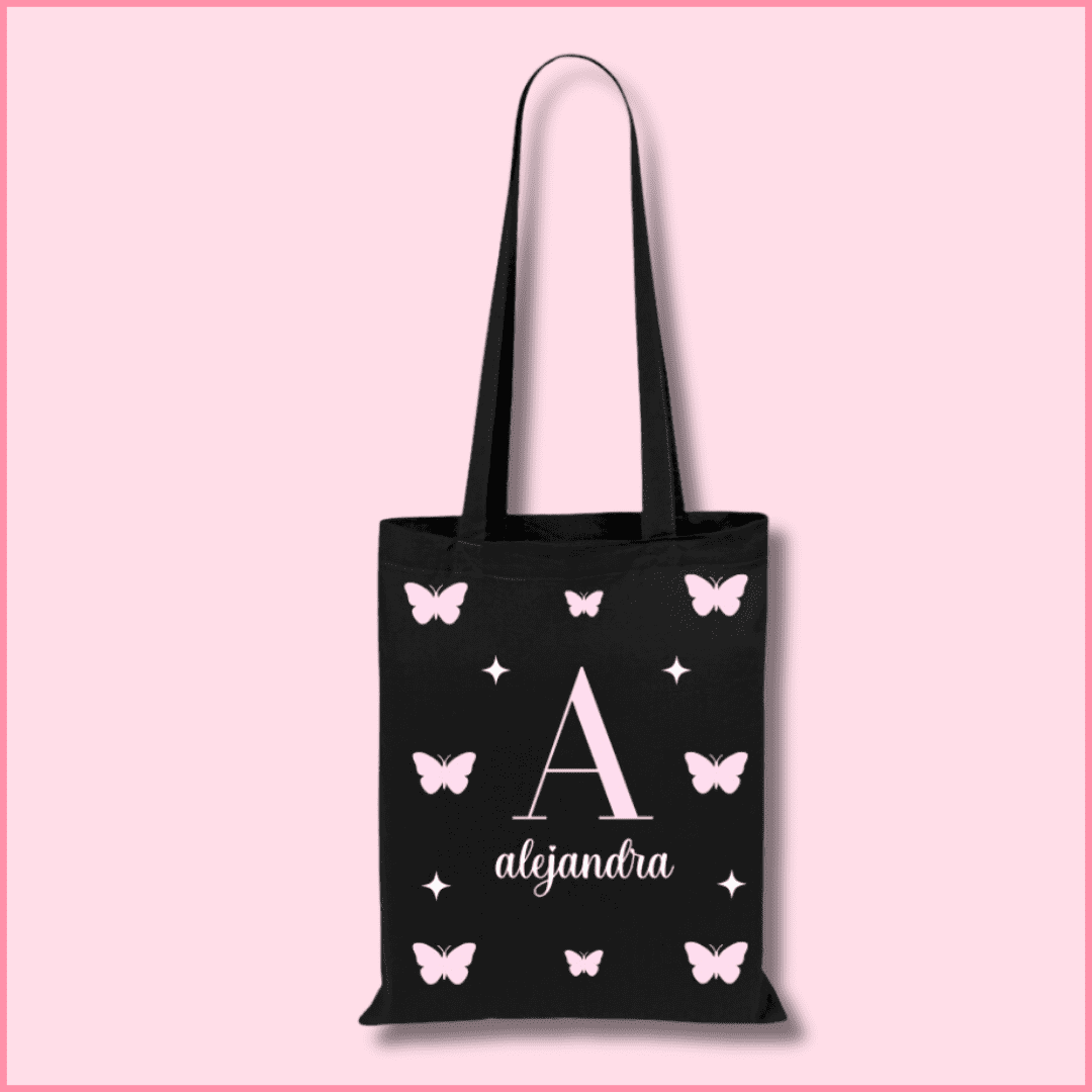 Tote bag de algodón negra personalizada con la inicial y nombre y mariposas rosas