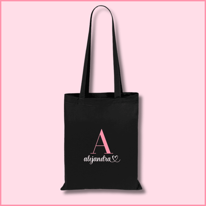 Tote bag de algodón negra personalizada con la inicial y el nombre