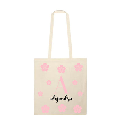 Tote bag de algodón beige personalizada con inicial y  nombre y diseño de flores de Sakura