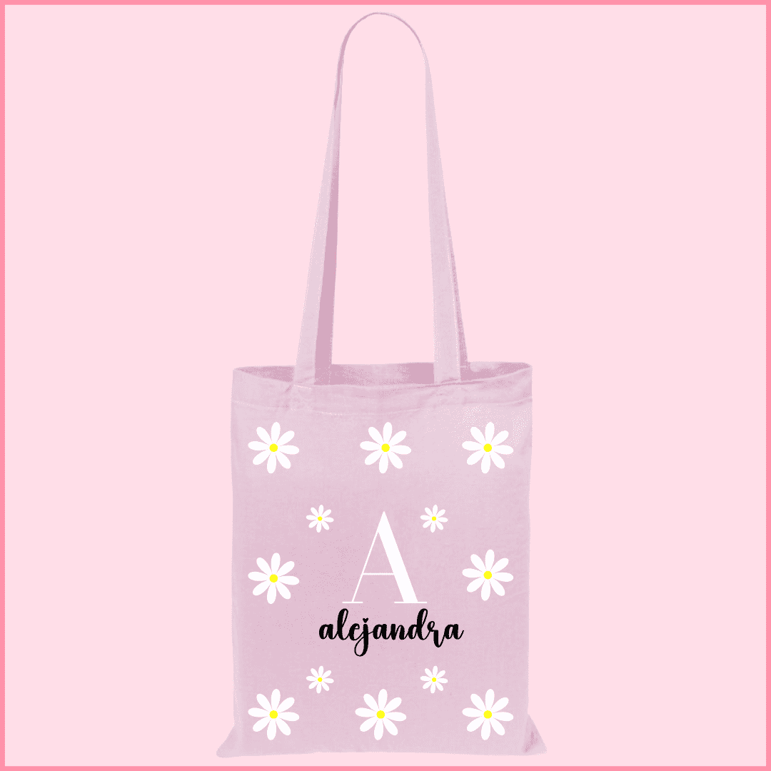 Tote bag de algodón rosa personalizada con la inicial y el nombre y margaritas