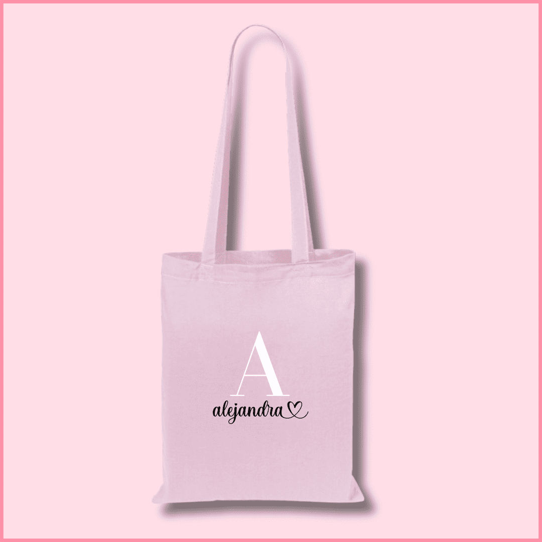 Tote bag de algodón rosa personalizada con la inicial y el nombre