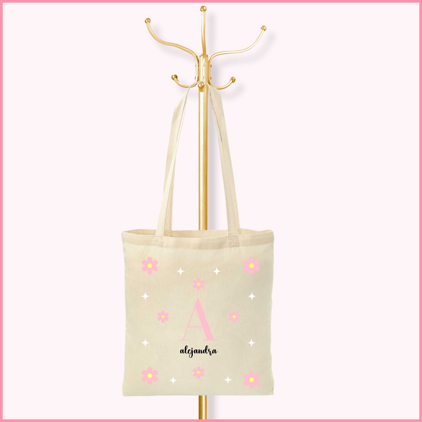 Tote bag de algodón beige personalizada con la inicial y el nombre y flores rosadas