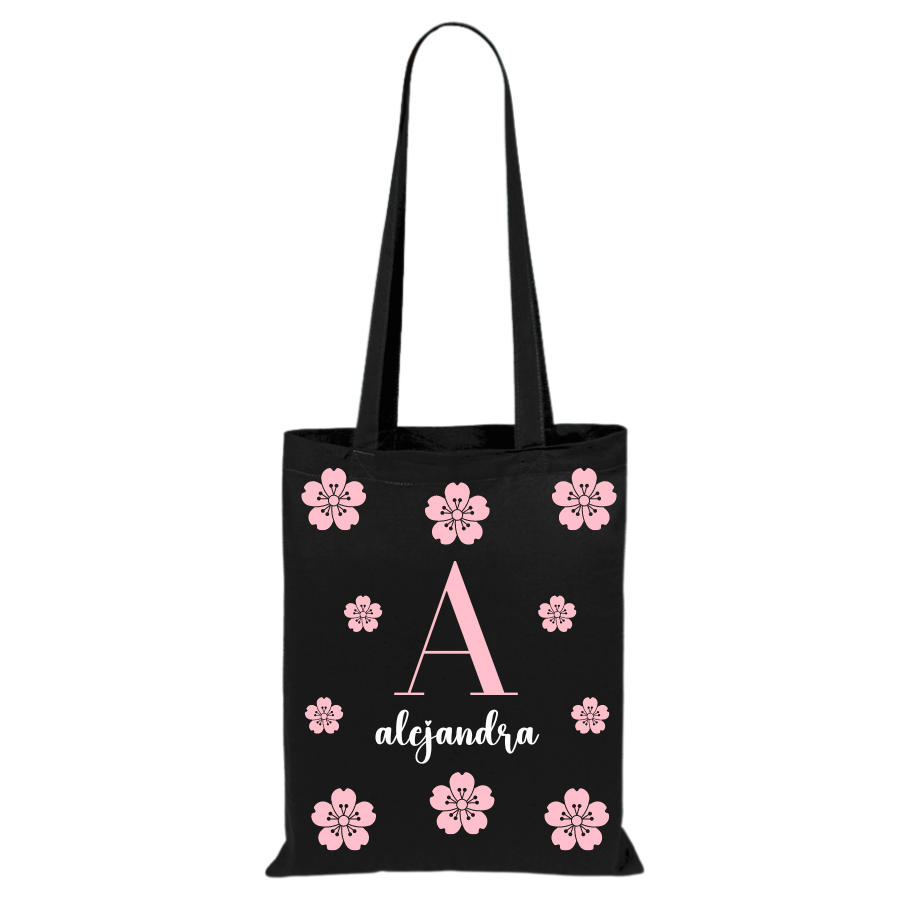 Tote bag de algodón negra personalizada con inicial y nombre y flores de Sakura