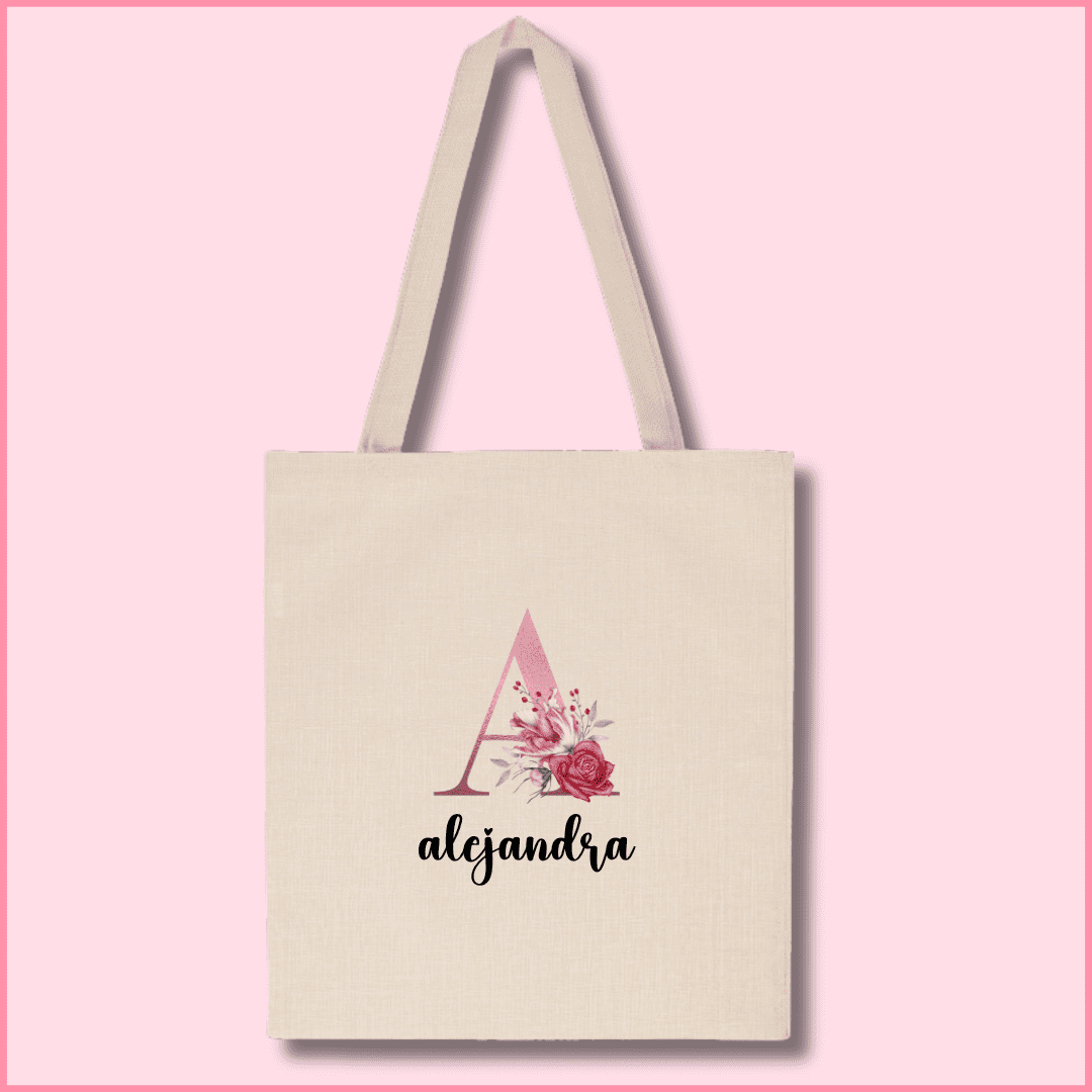 Tote bag de poliéster beige personalizada con la inicial en color rosa y rosas