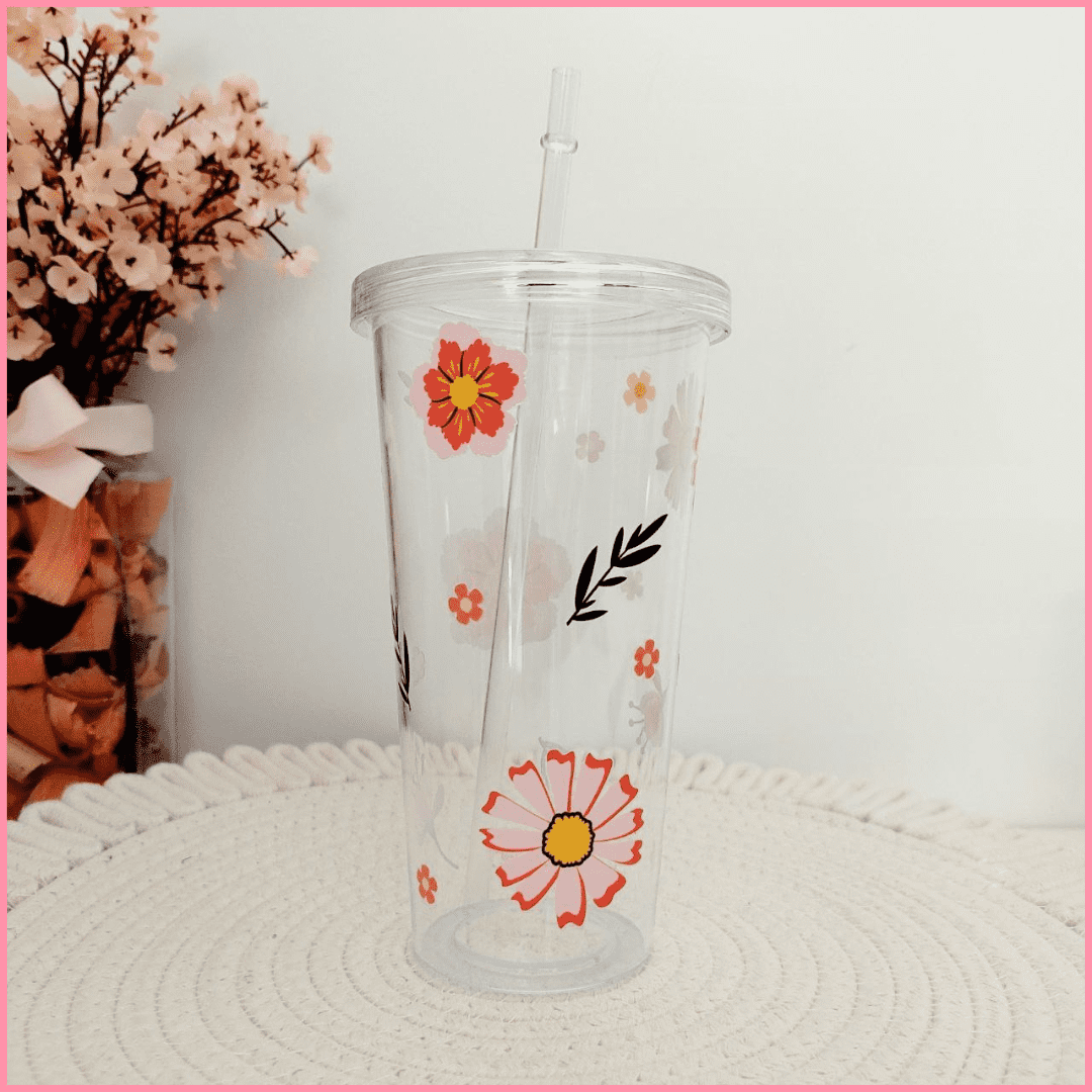 Vaso de plástico grande transparente con tapa y pajita y diseño de flores variadas