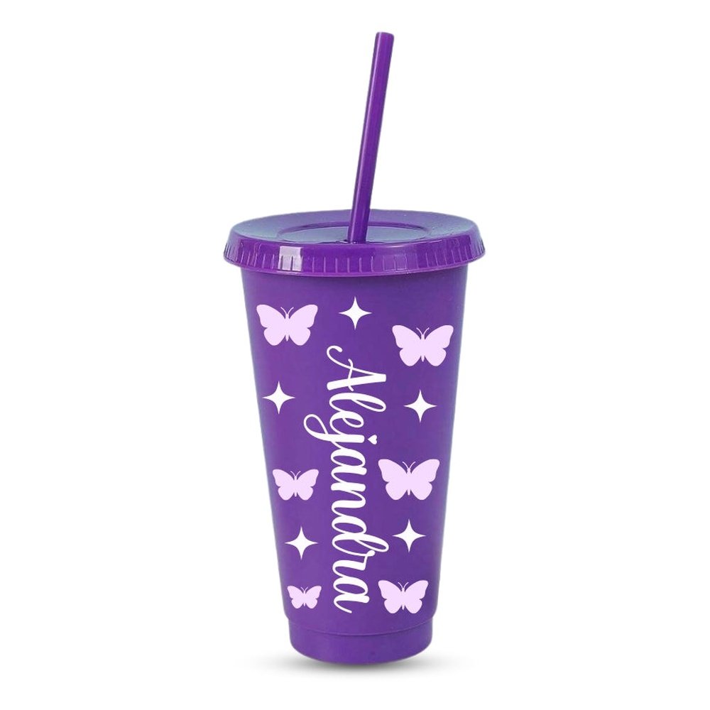 Vaso de plástico morado de tamaño grande con tapa y pajita personalizado con tu nombre y diseño de mariposas