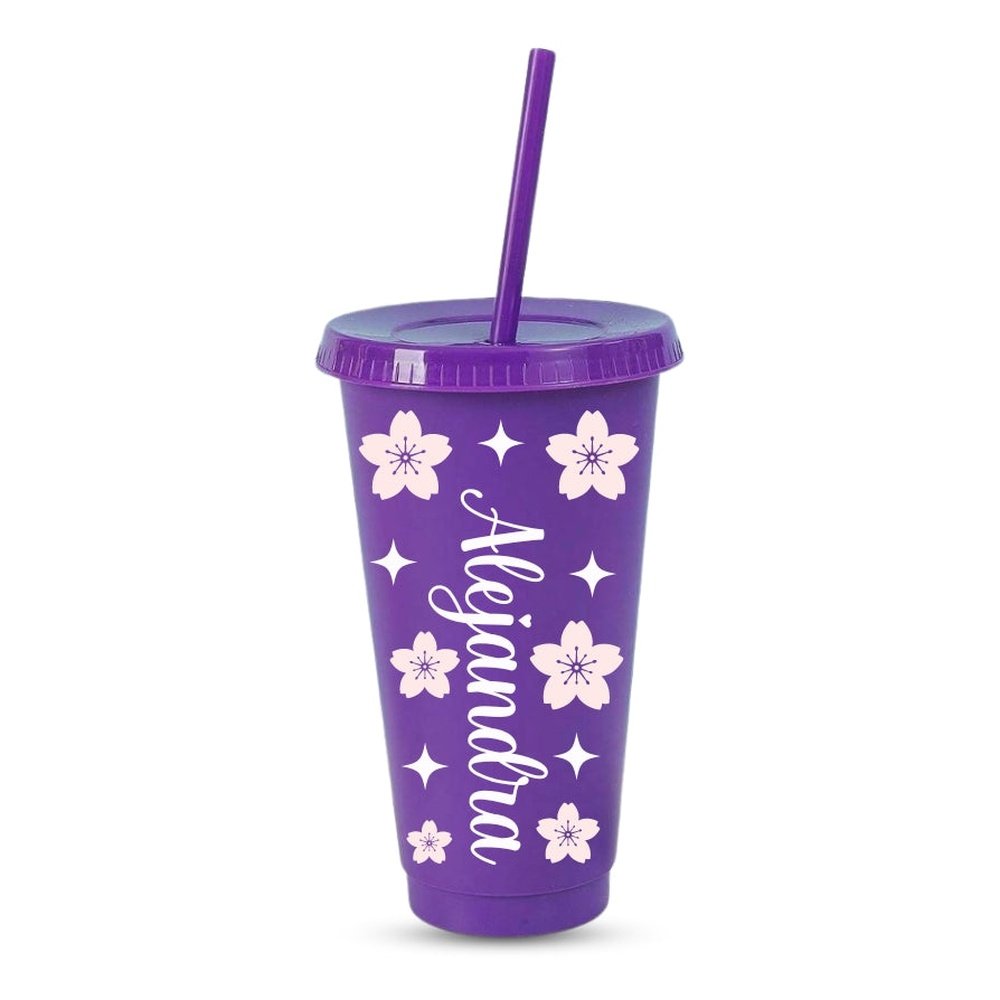 Vaso de plástico morado de tamaño grande con tapa y pajita personalizado con tu nombre y diseño de Sakura