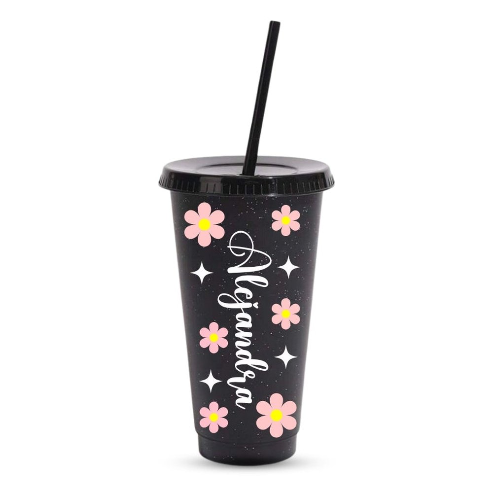 Vaso de plástico negro con brillo de tamaño grande con tapa y pajita personalizado con tu nombre y margaritas rosas