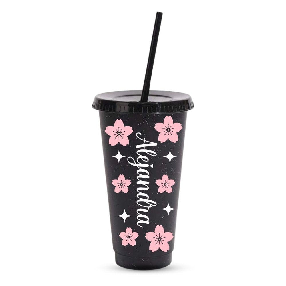 Vaso de plástico negro con brillo de tamaño grande con tapa y pajita personalizado con tu nombre y diseño de Sakura