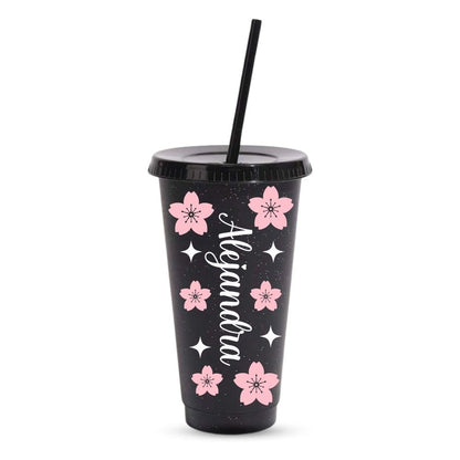 Vaso de plástico negro con brillo de tamaño grande con tapa y pajita personalizado con tu nombre y diseño de Sakura